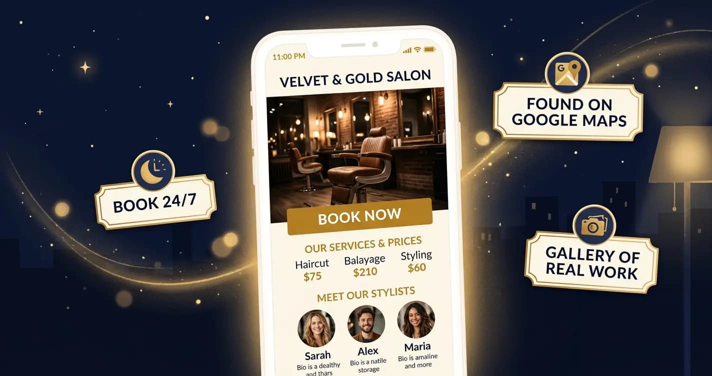 'Salon website on a phone at 11pm showing a book now button, service prices and stylist gallery, representing the best salon website builders for salons and barbershops in 2026'