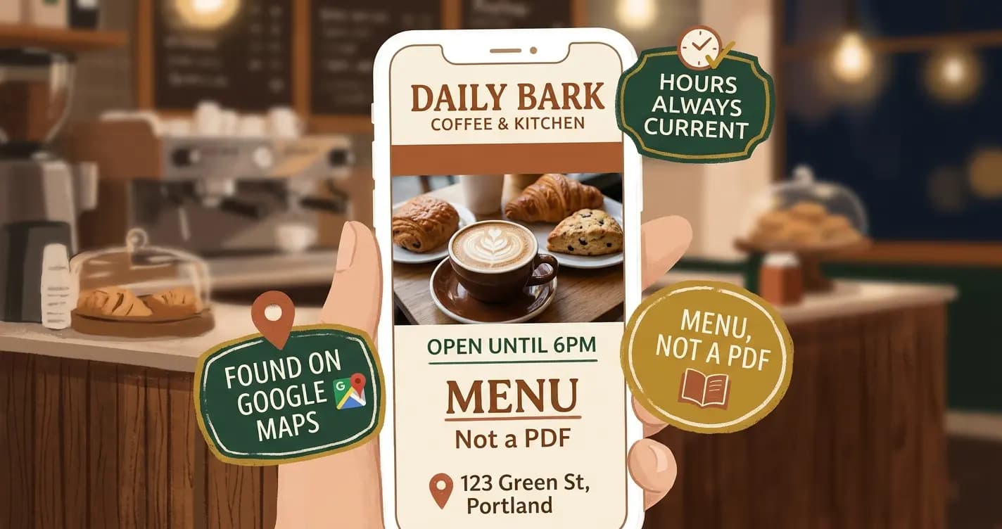 'Coffee shop website on a phone showing a latte photo, open hours, menu link and map pin in front of a café counter, representing the best coffee shop website builders for cafés in 2026'